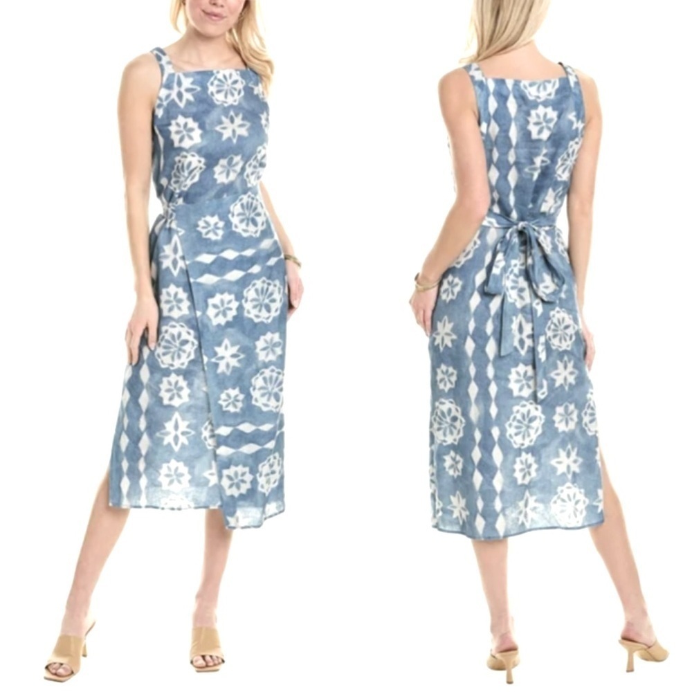 Rebecca Taylor Linen Paper Fleur Whisper Midi Dress Blue Size XS